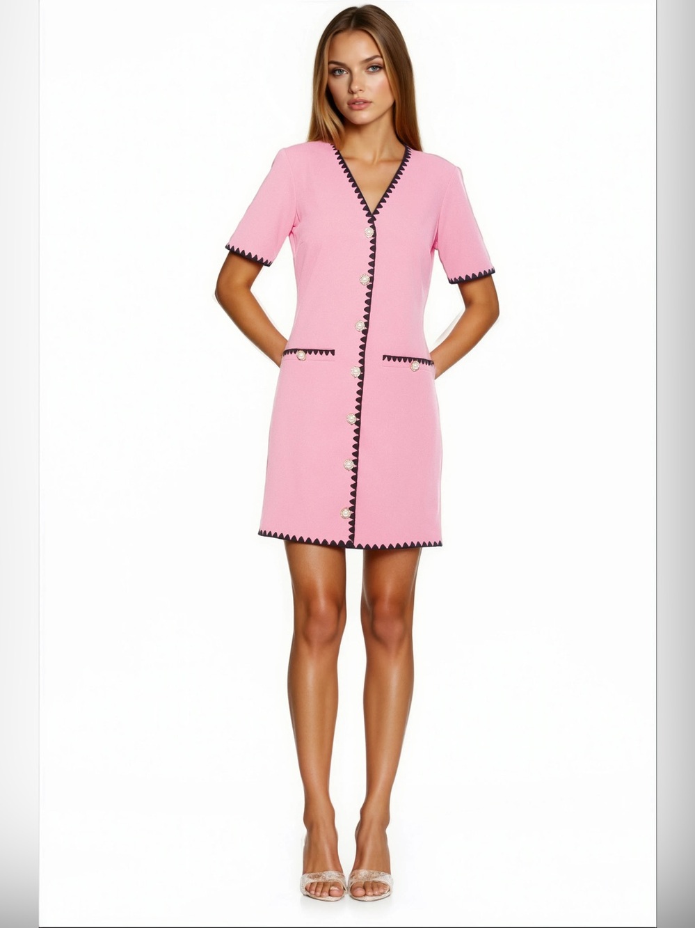 NWOT- ALEXIA ADMOR JAIYA V-NECK SCUBA CREPE BUTTON-DOWN DRESS, Pink, size 6
